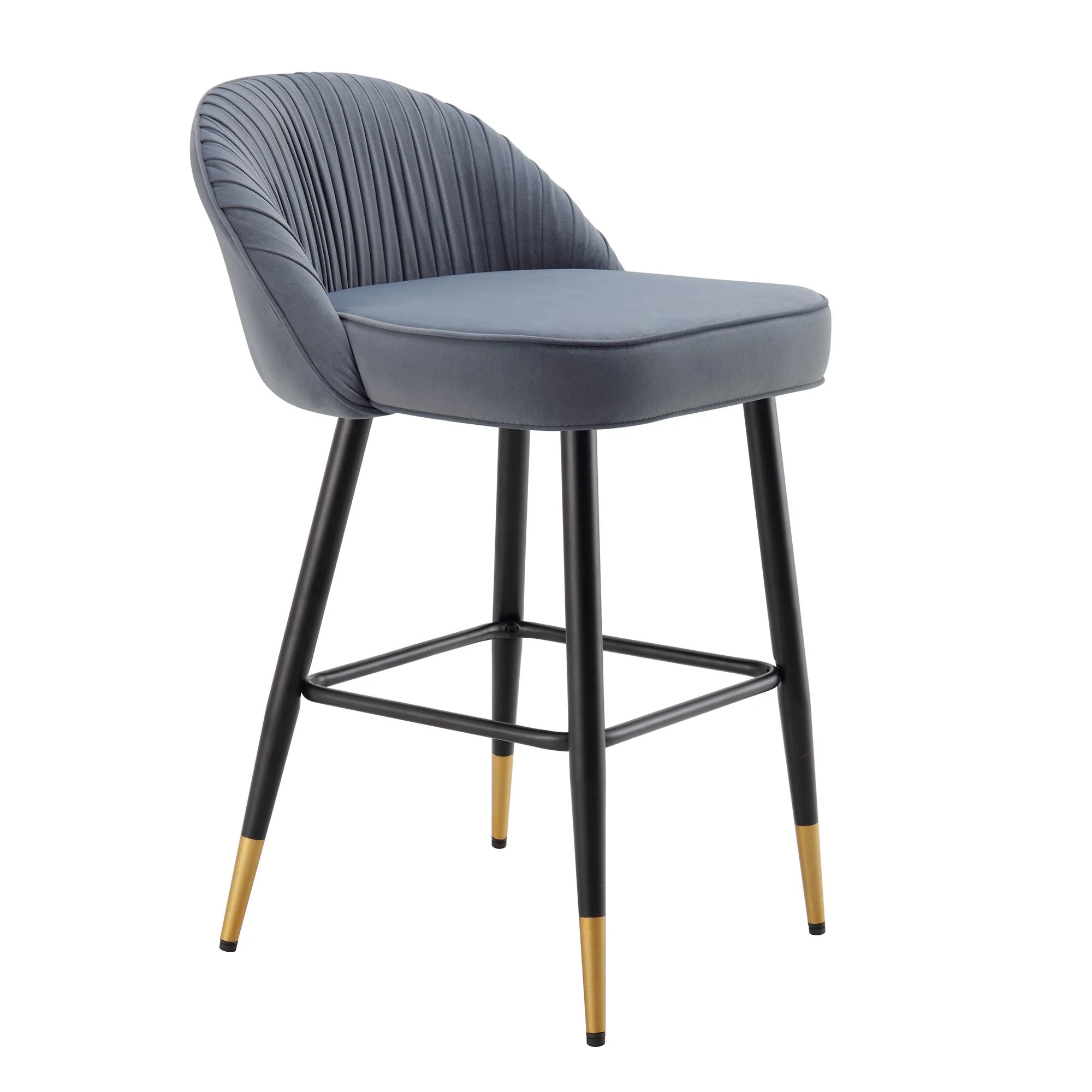 Miyae Set of 2 Pleated Light Grey Velvet Upholstered Counter Stools - Image 6